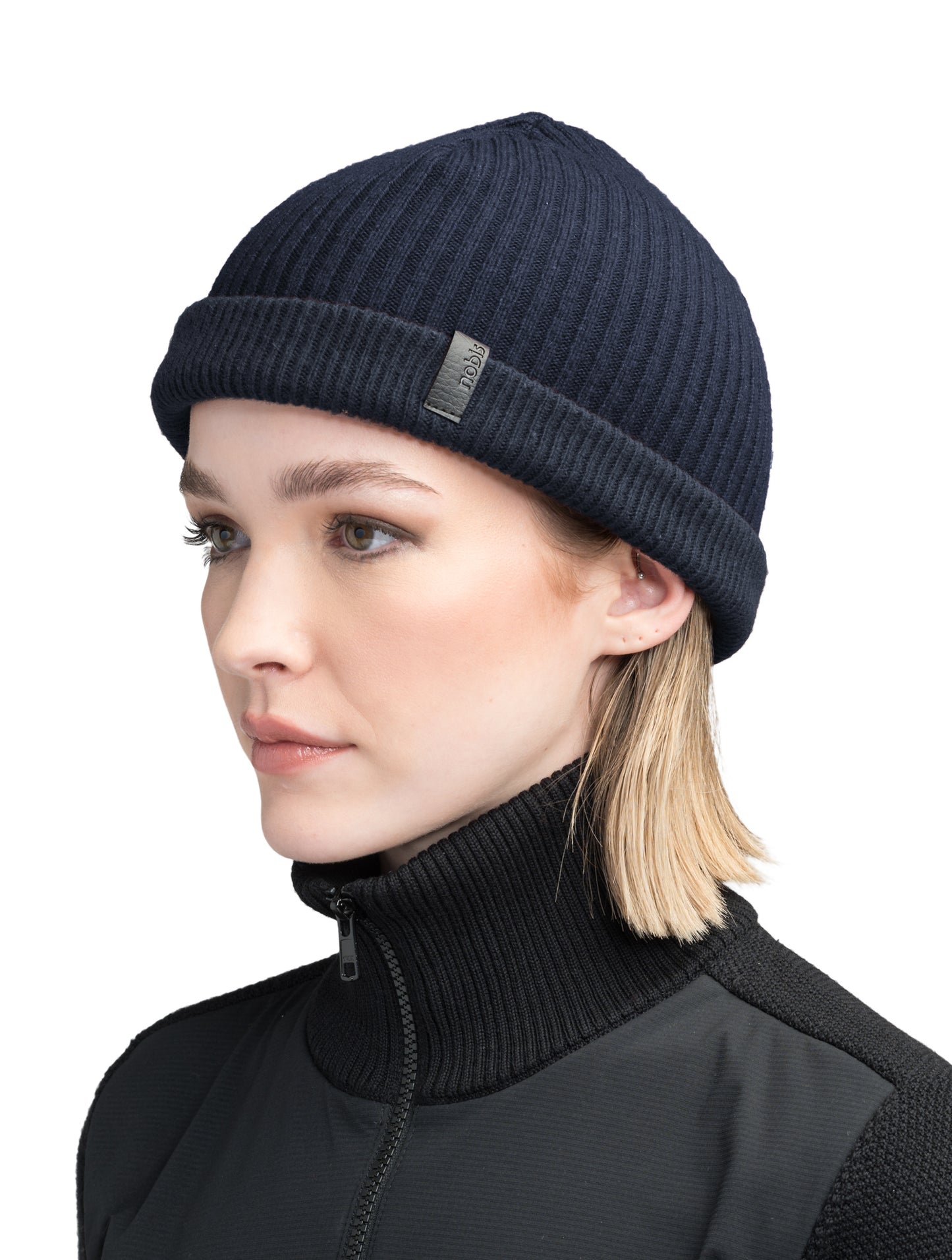 Ardn Unisex Tailored Reversible Knit Beanie in an extra fine merino wool blend, fitted rib knit, and reversible design, in Navy/Wheat