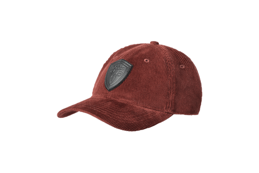 Carter Unisex Tailored Ball Cap in 100% cotton corduroy, unstructured crown, curved brim, and leather strap back with metal buckle closure, in Rio Red