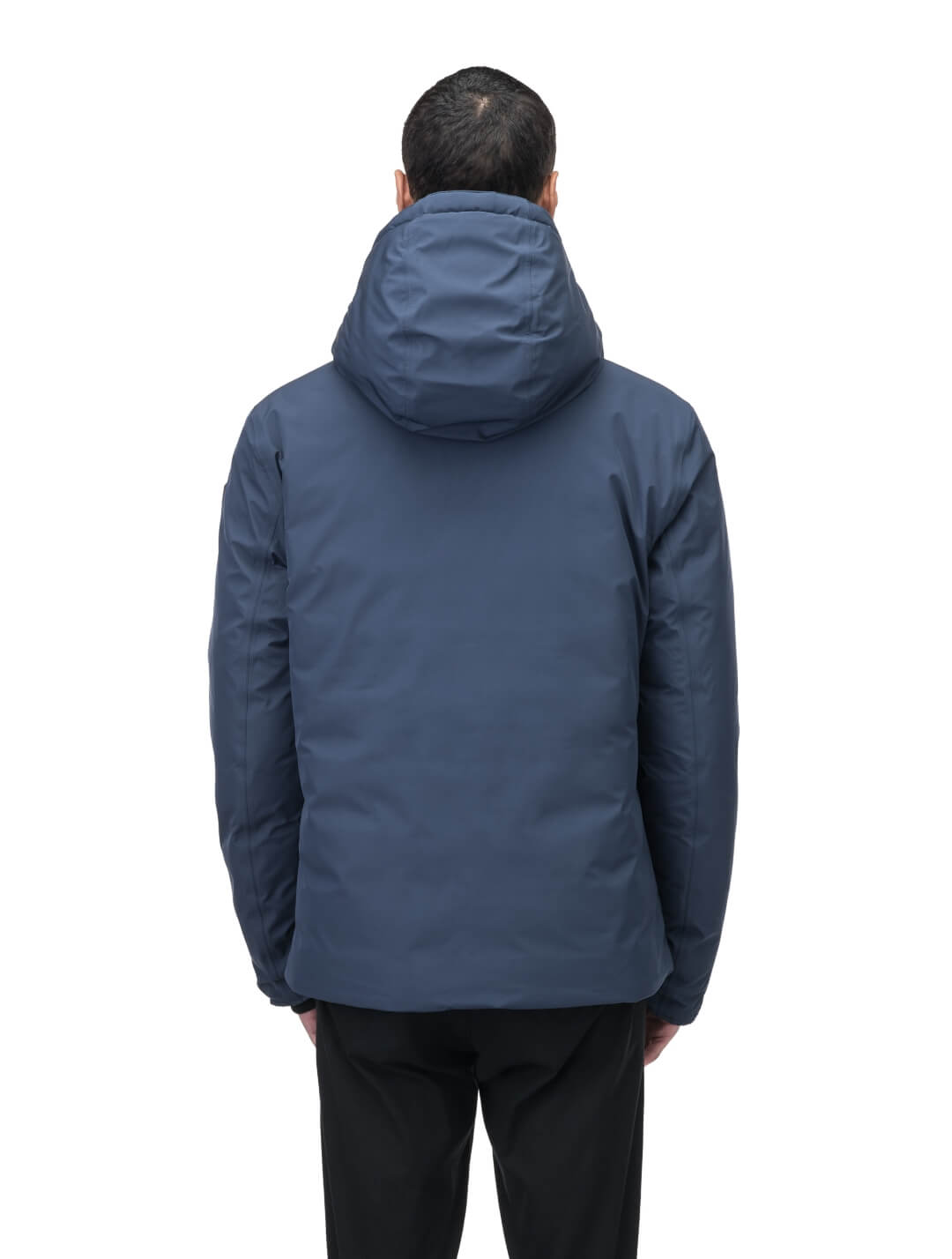 Chris Men's Mid Weight Reversible Puffer Jacket in hip length, Canadian duck down insulation, non-removable adjustable hood, ribbed cuffs, and quilted body on reversible side, in Marine