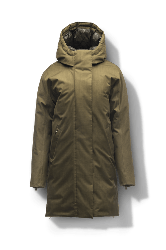 Dory Women's Tailored Back Zip Parka in knee length, premium Crosshatch fabrication, Premium Canadian White Duck Down insulation, non-removable down-filled hood, removable interior hood, centre front two-way zipper with wind flap, vertical zipper detailing along back, in Fatigue + Fatigue