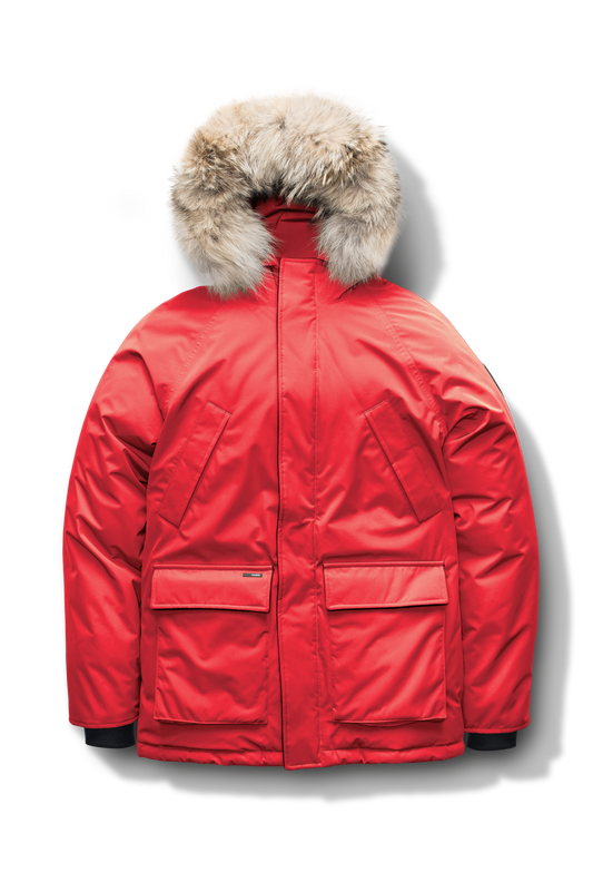 Men's waist length down filled jacket with two front pockets with magnetic closure and a removable fur trim on the hood in CH Red + CH Red