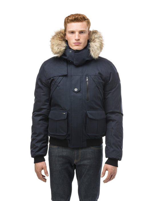 Men's classic down bomber with two patch pockets and a right shoulder storm flap in H. Navy + CH Navy