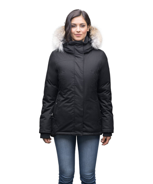 Women's hip length down filled parka in CH Black + CH Black