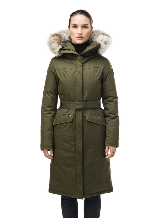 Women's maxi down filled parka with calf length hem in CH Fatigue + CH Fatigue