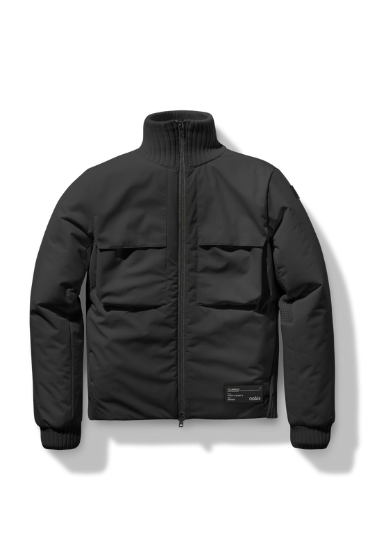 Layton Men's Tactical Hybrid Sweater in hip length, Primaloft Gold Insulation Active+, Merion wool knit collar, sleeves, back, and cuffs, two-way front zipper, and pockets at chest and waist, in Black + Black