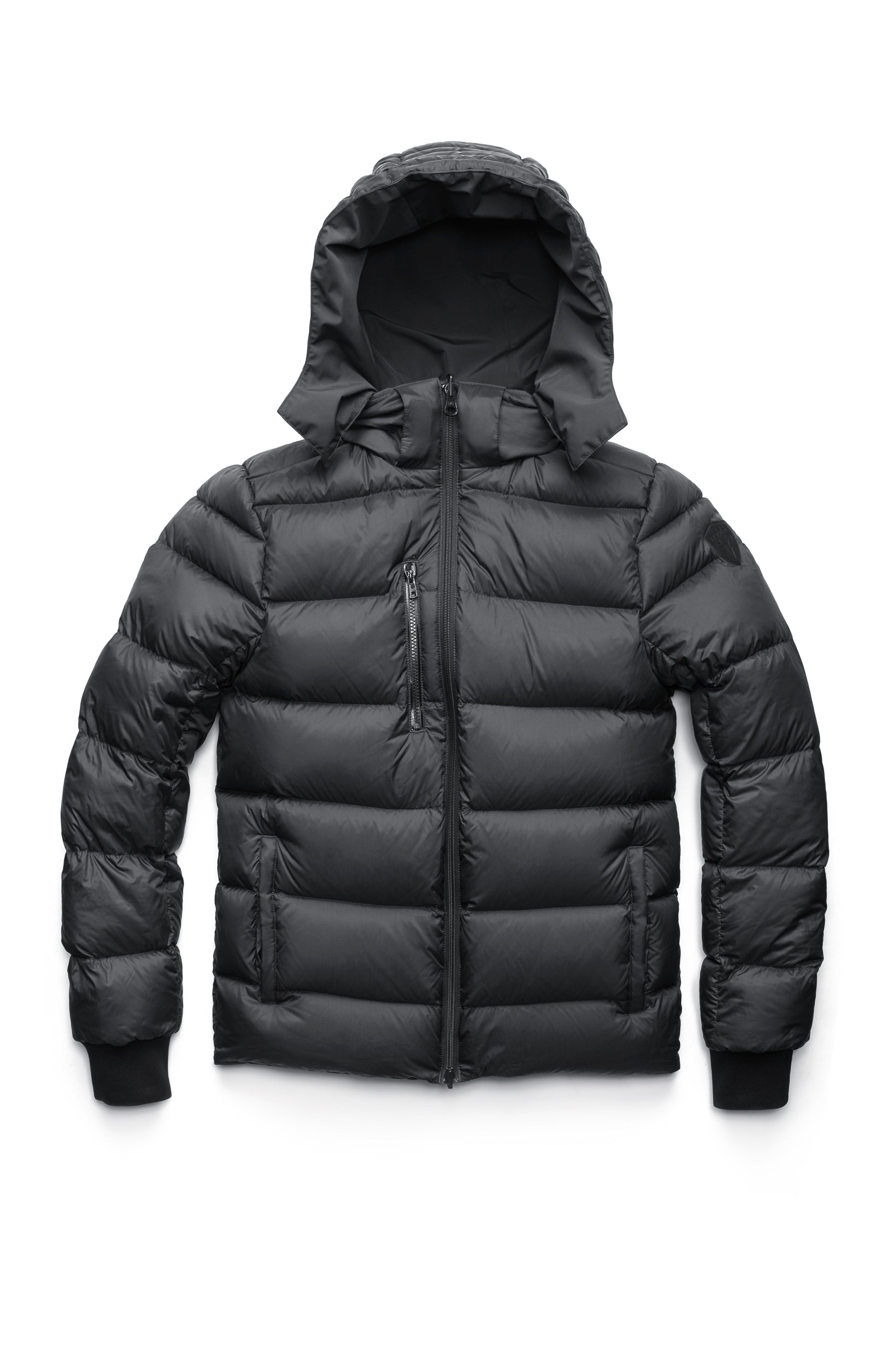 Hip length, reversible men's down filled jacket with removable hood in Black