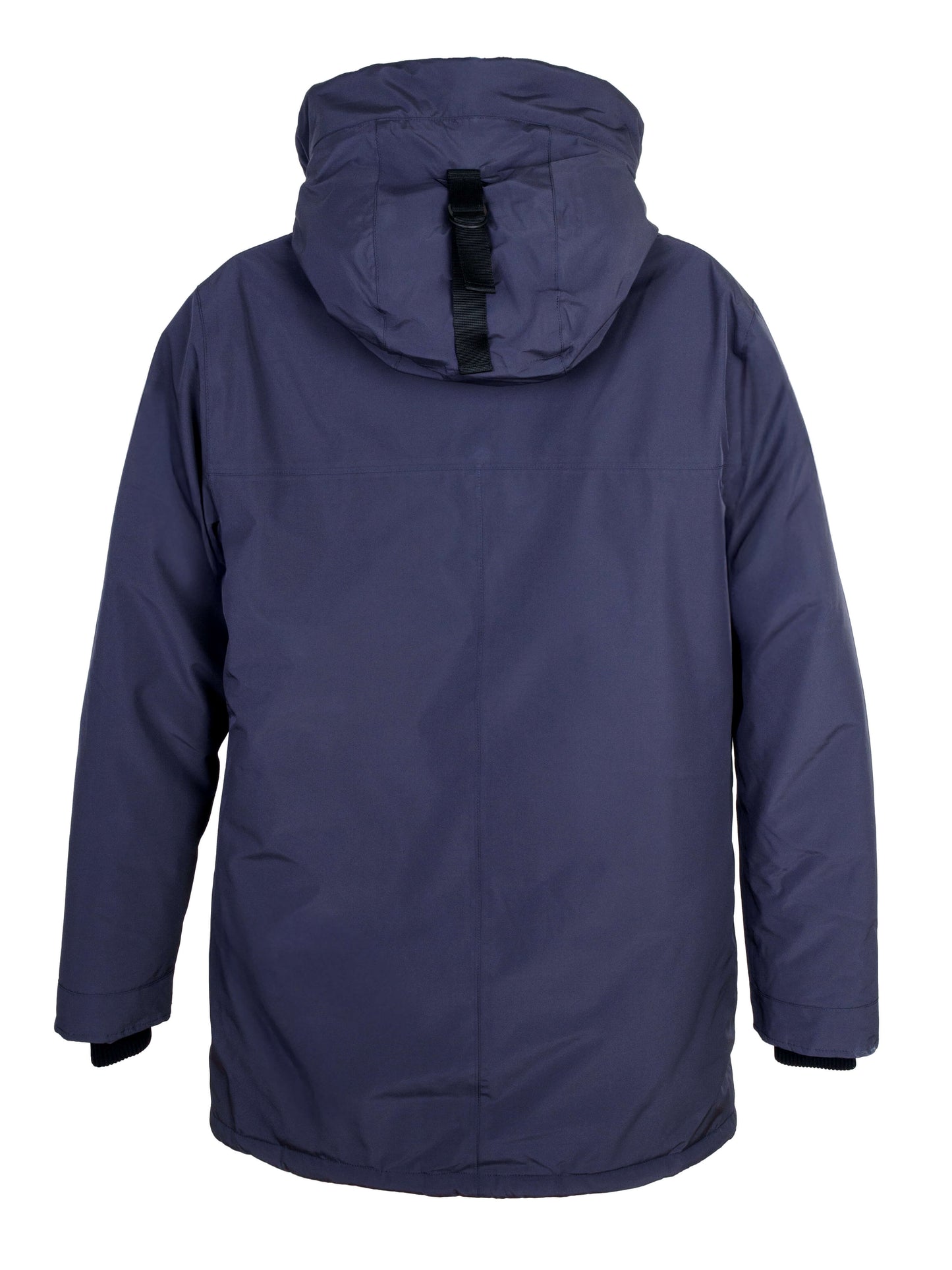 Pierre Men's Jacket in thigh length, Canadian white duck down insulation, non-removable down-filled hood, angled waist pockets, centre-front zipper with wind flap, and elastic ribbed cuffs, in 3L Navy