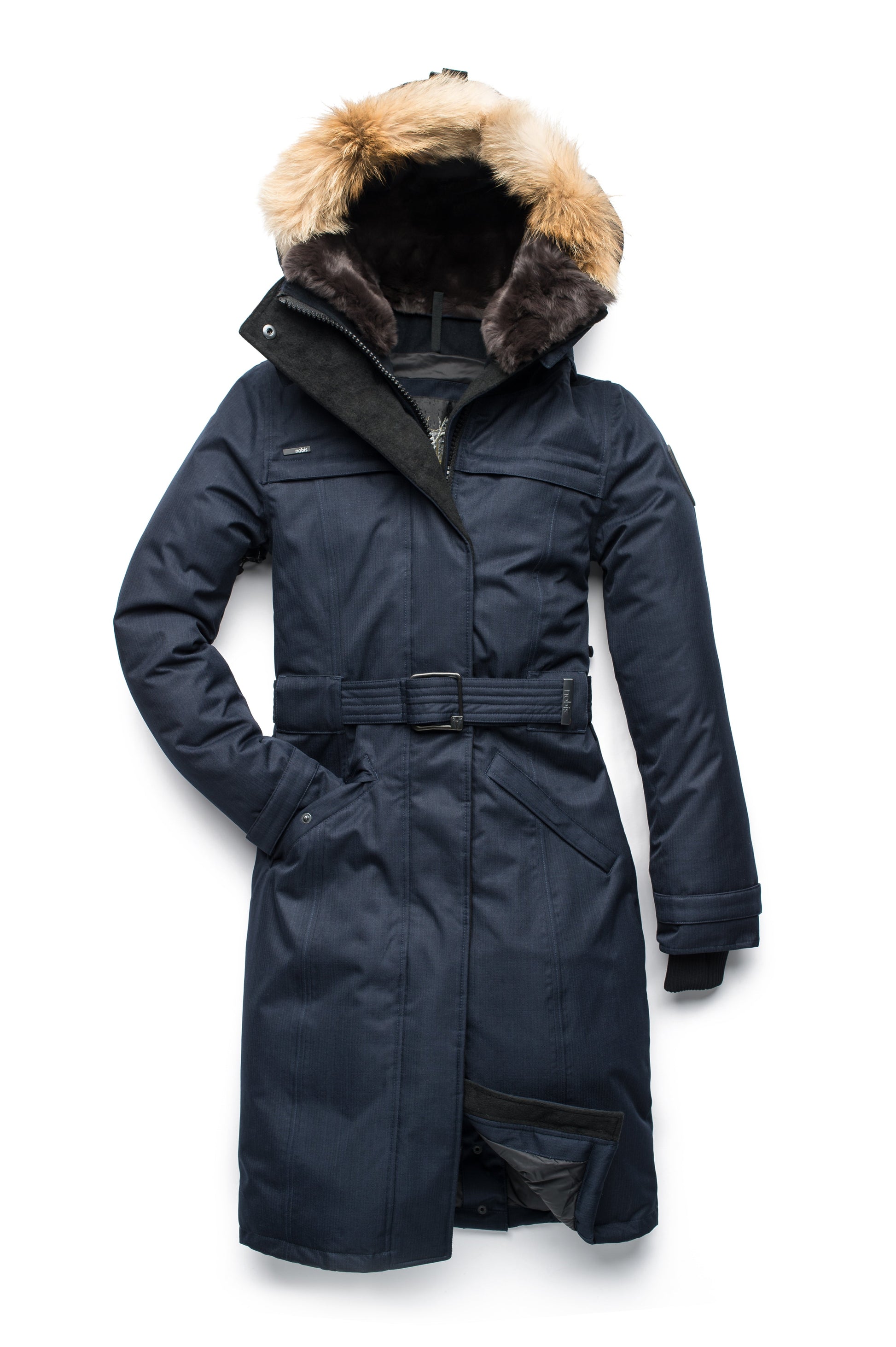 Women's knee length down filled parka with a belted waist and fully removable Coyote and Rex Rabbit fur ruffs in CH Navy