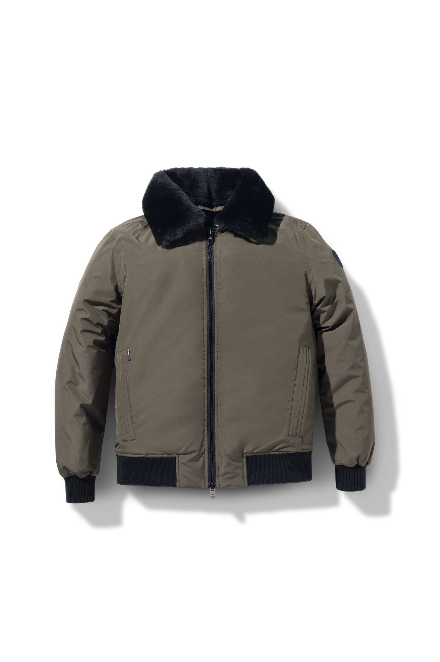 Sonar Men's Aviator Jacket in hip length, Canadian duck down insulation, removable shearling collar with hidden tuckable hood, and two-way front zipper, in Fatigue