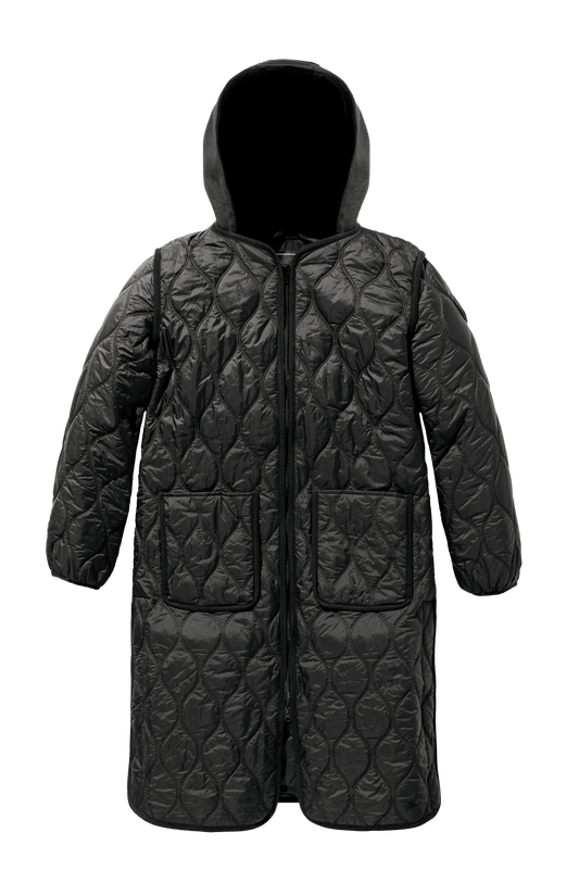 Suri Ladies Long Quilted Jacket in knee length, sustainable and environmentally friendly Primaloft Gold Insulation Active+, with removable fleece hood, two-way front zipper, diamond quilted body, in Black + Black
