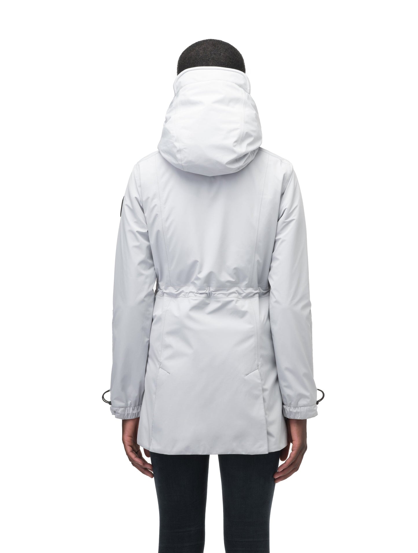 Women's thigh length raincoat with collar and non-removable hood in Light Grey