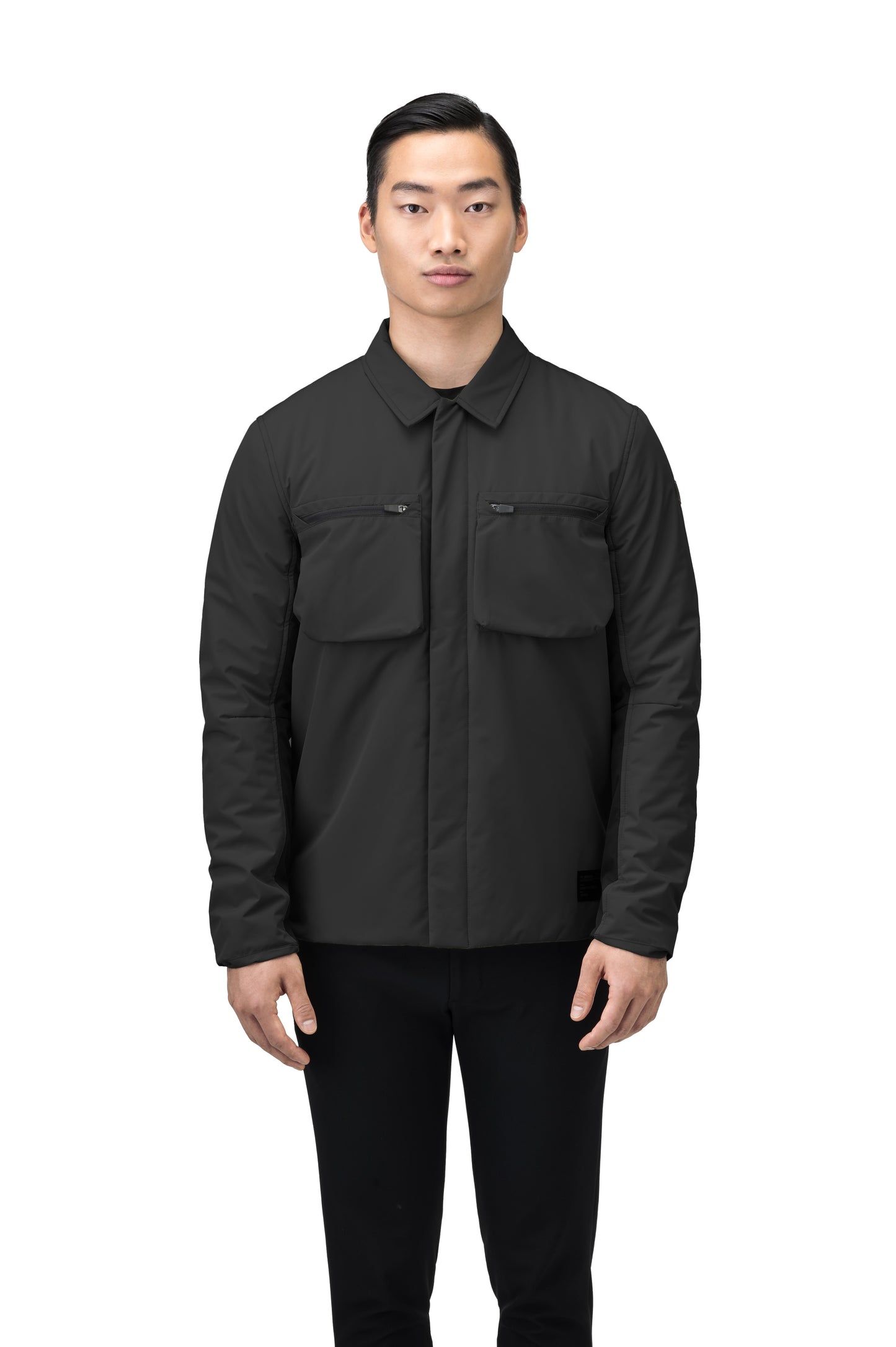 Ander Men's Mid Layer Shirt in hip length, PrimaLoft Gold Insulation Active+, 3-Ply Micro Denier front and 4-Way Durable Stretch Weave back, zipper chest pockets, snap button wind flap, and snap button cuffs, in Black