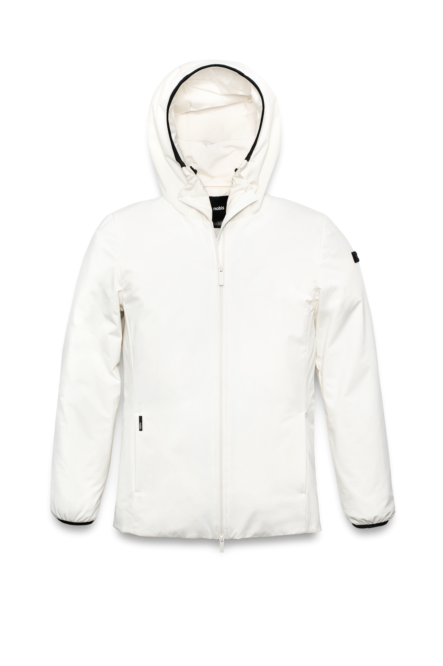 Ladies hip length mid layer jacket with non-removable hood and two-way zipper in Chalk