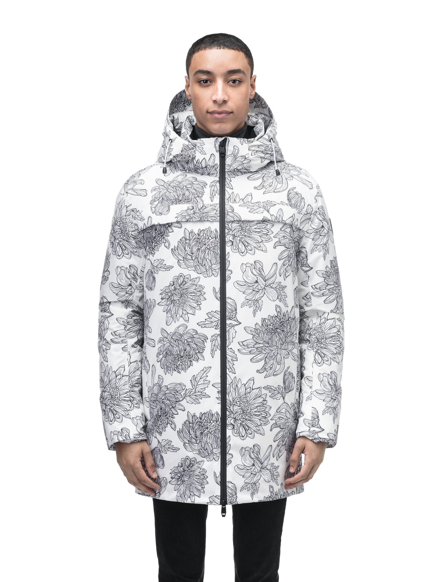 Atlas Men's Performance Parka in thigh length, Canadian duck down insulation, removable hood, and two-way zipper, in White Floral