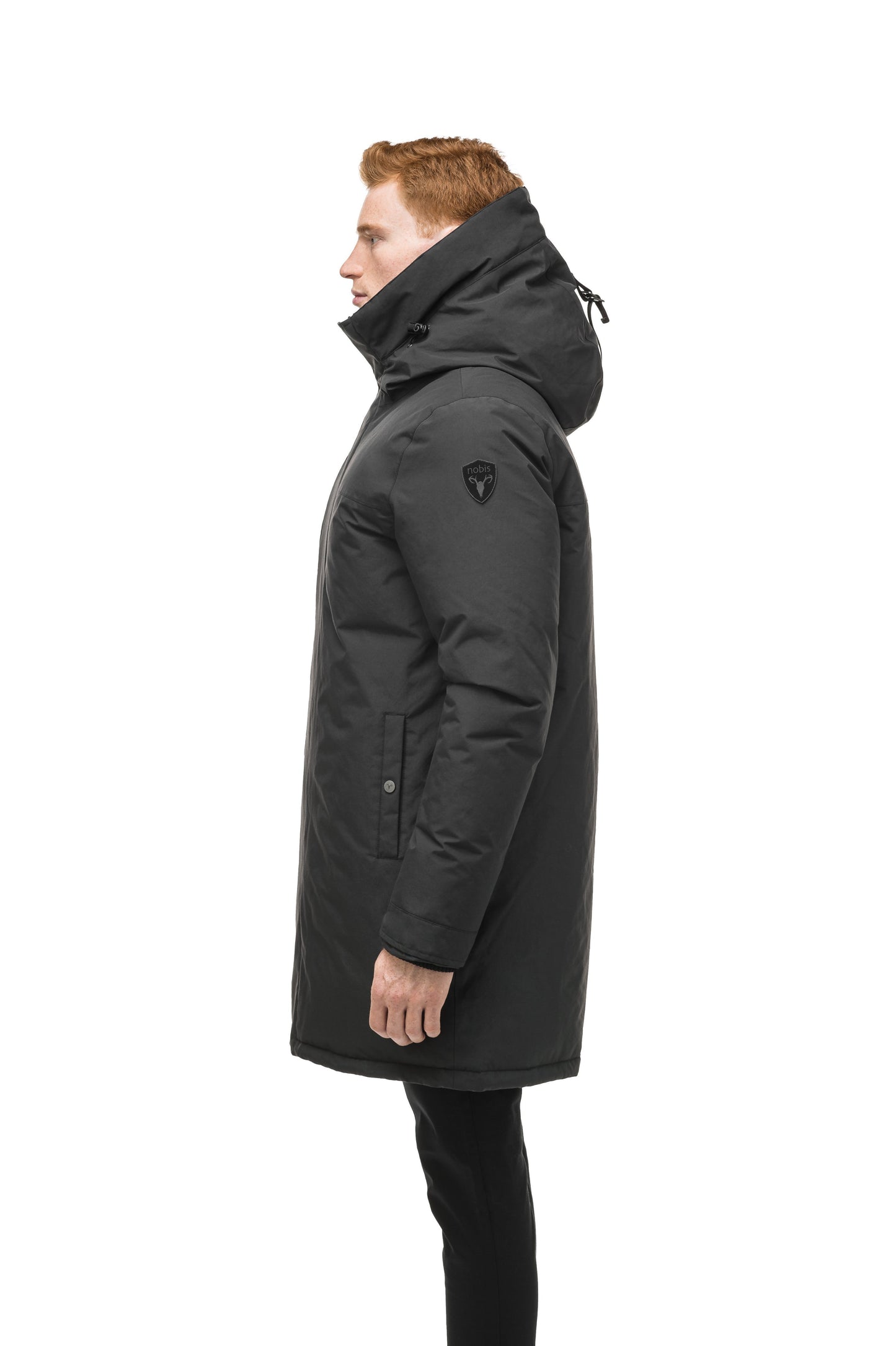 Classic men's down filled parka with attached fur free hood in Black