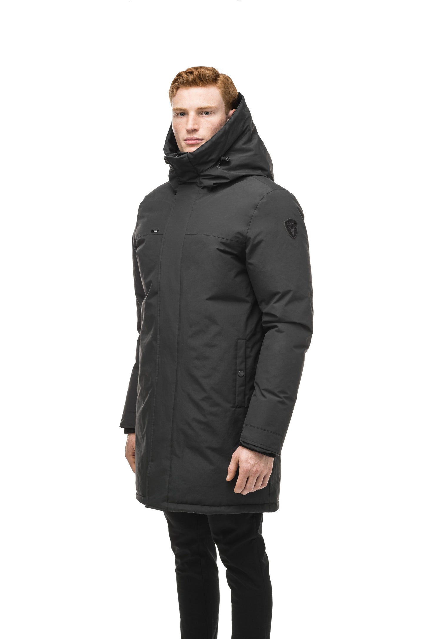 Classic men's down filled parka with attached fur free hood in Black
