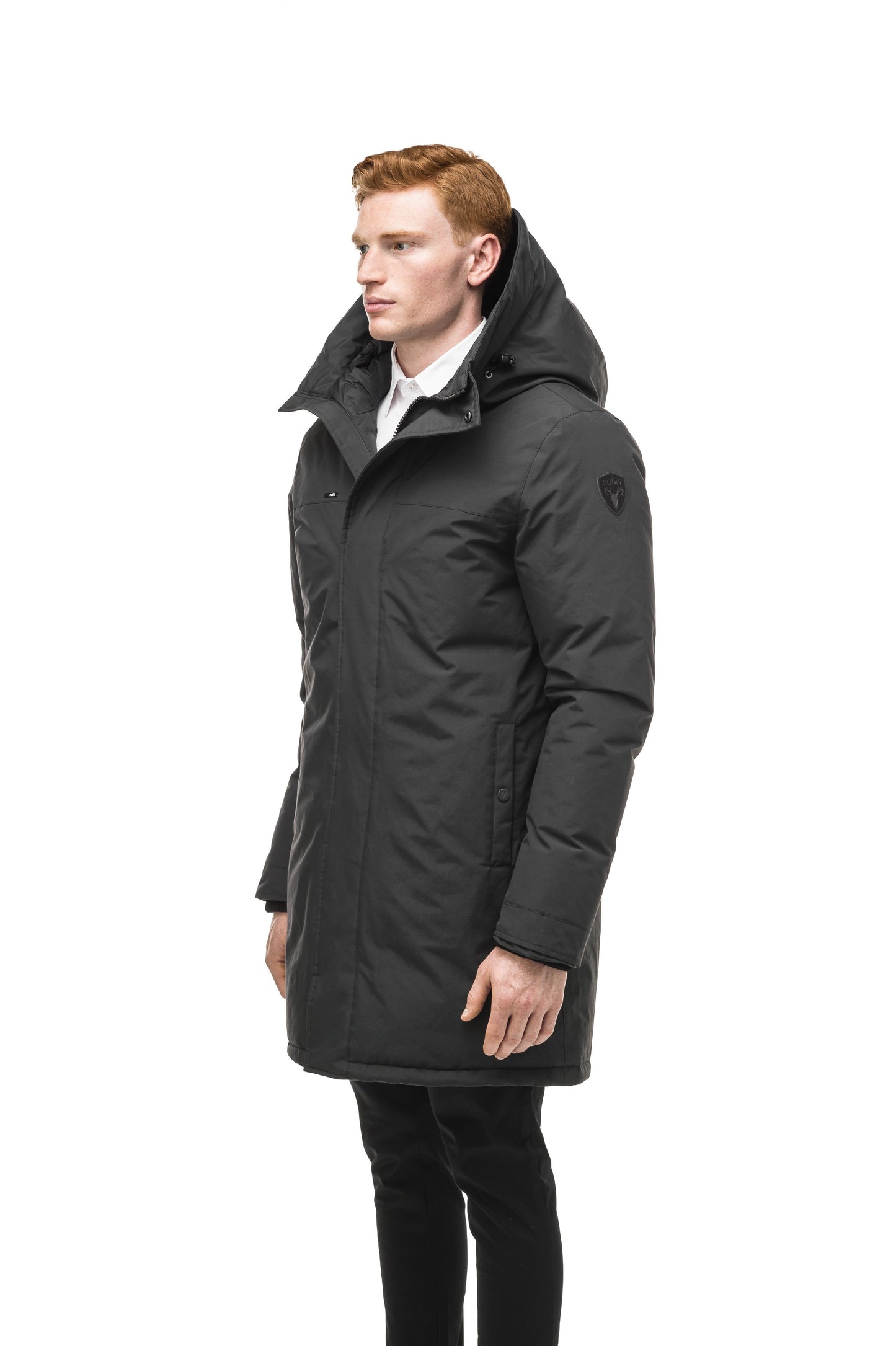 Classic men's down filled parka with attached fur free hood in Black