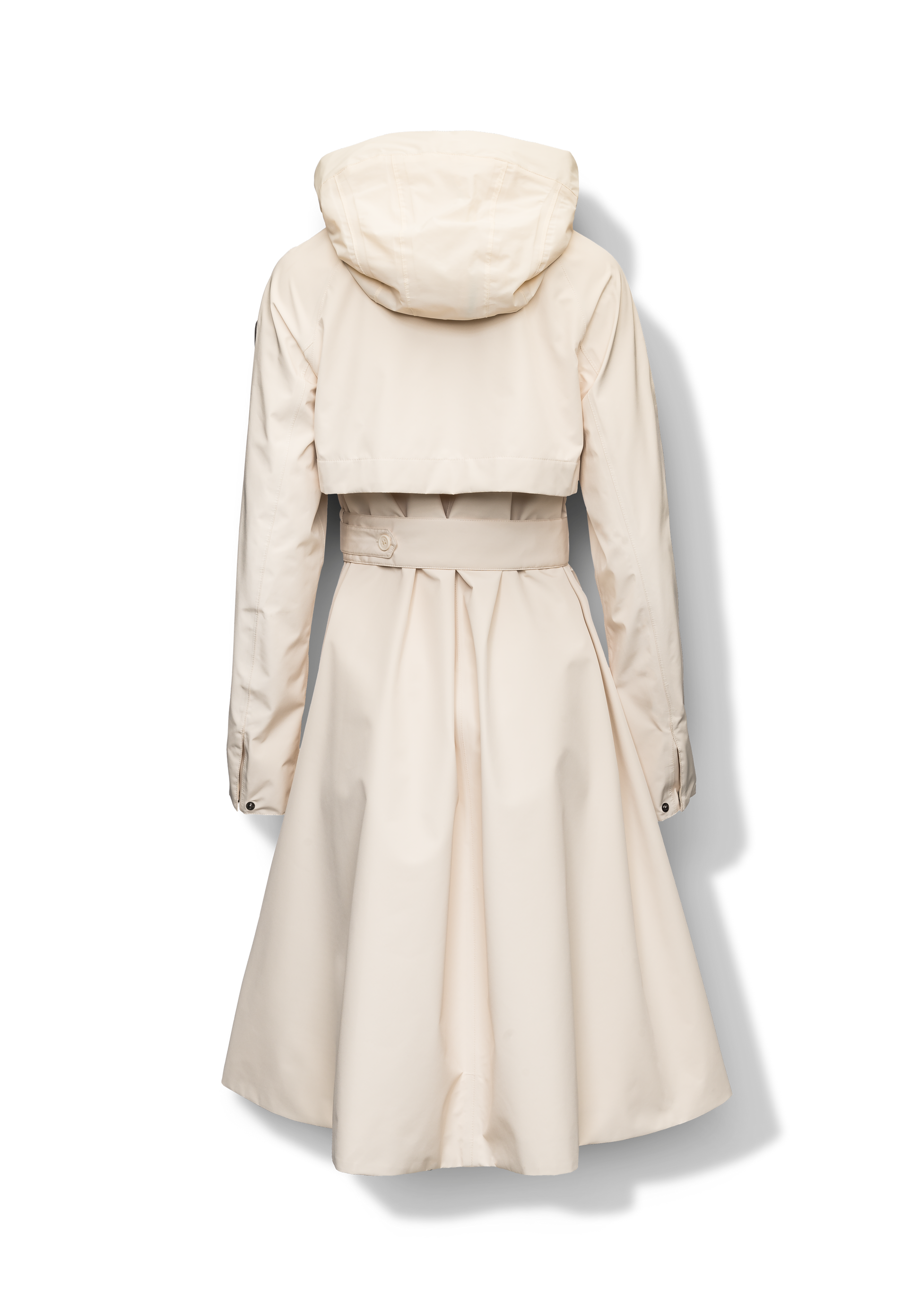 Ivy Ladies Tailored Trench Coat in knee length, 3-Ply Micro Denier fabrication, retractable non-removable hood, front wind flap with snap button closure, removable belt, and adjustable snap cuffs, in Wheat