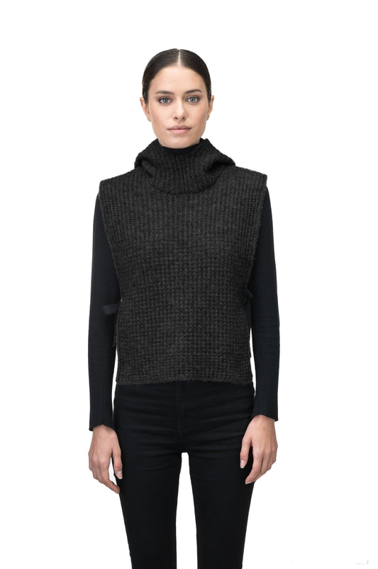 Nars Unisex Knit Hooded Dickie in in superfine alpaca and merino wool blend, waist length, fitted hood, sleeveless torso, and side webbing straps to adjust fit, in Black + Black