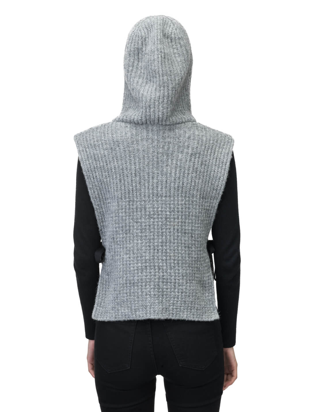 Nars Unisex Knit Hooded Dickie in in superfine alpaca and merino wool blend, waist length, fitted hood, sleeveless torso, and side webbing straps to adjust fit, in Grey Melange