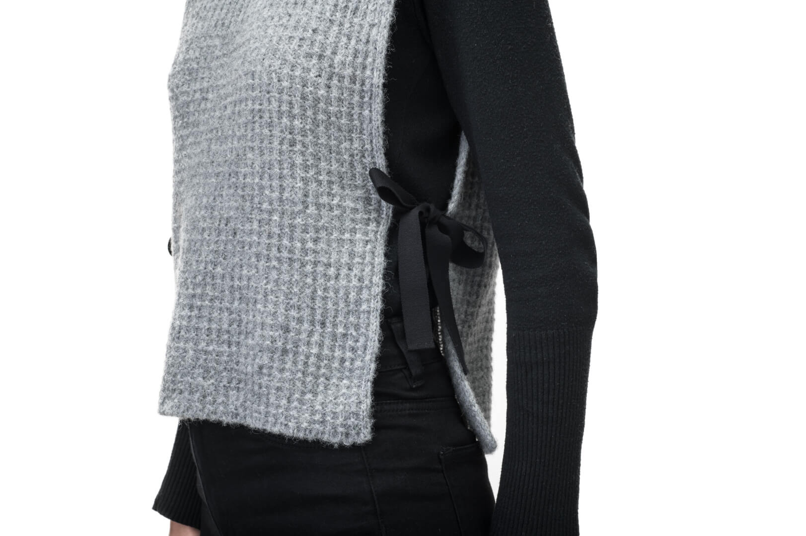 Nars Unisex Knit Hooded Dickie in in superfine alpaca and merino wool blend, waist length, fitted hood, sleeveless torso, and side webbing straps to adjust fit, in Grey Melange