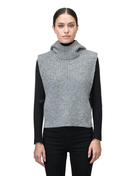 Nars Unisex Knit Hooded Dickie in in superfine alpaca and merino wool blend, waist length, fitted hood, sleeveless torso, and side webbing straps to adjust fit, in Grey Melange + Grey Melange