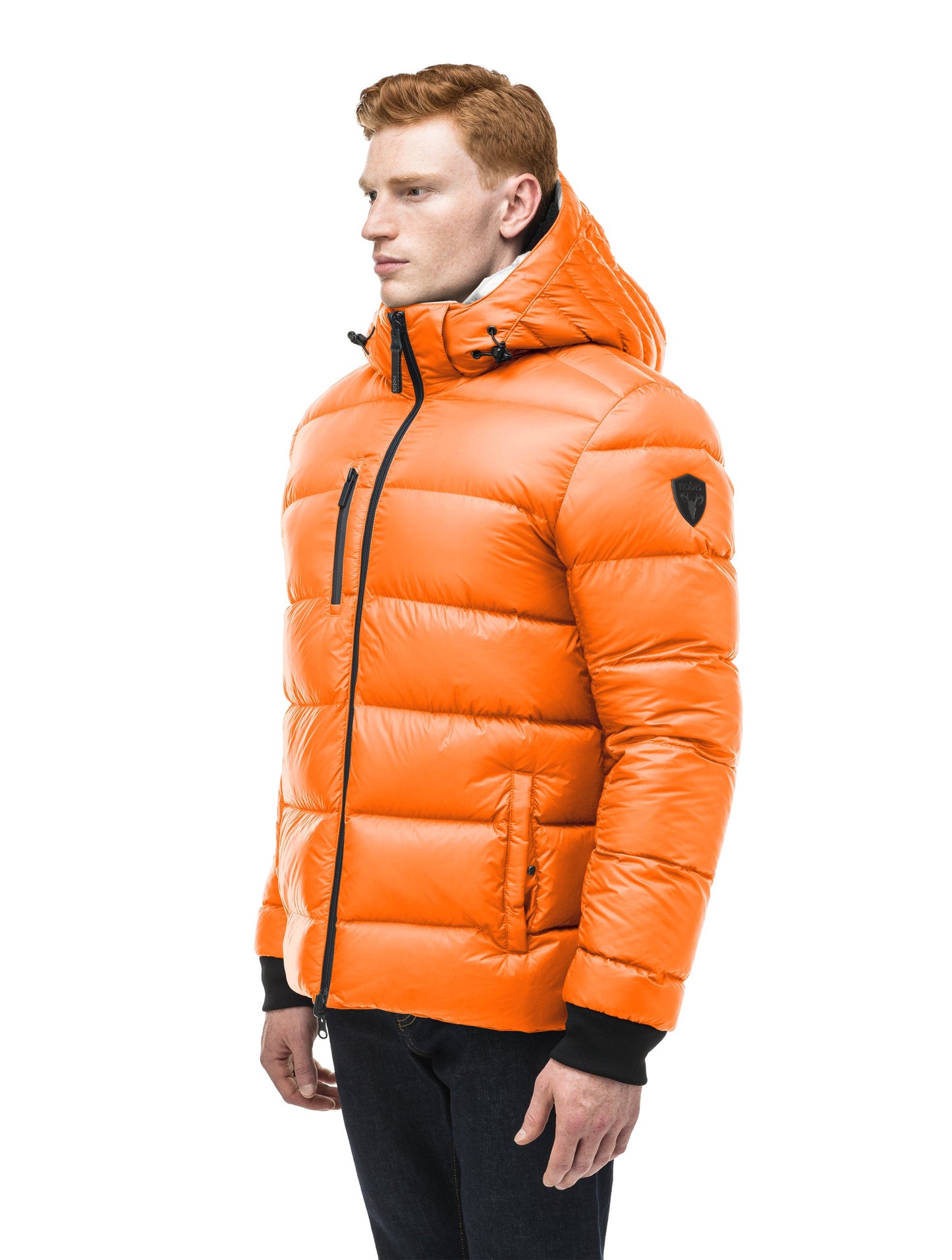 Hip length, reversible men's down filled jacket with removable hood in Chalk/Atomic