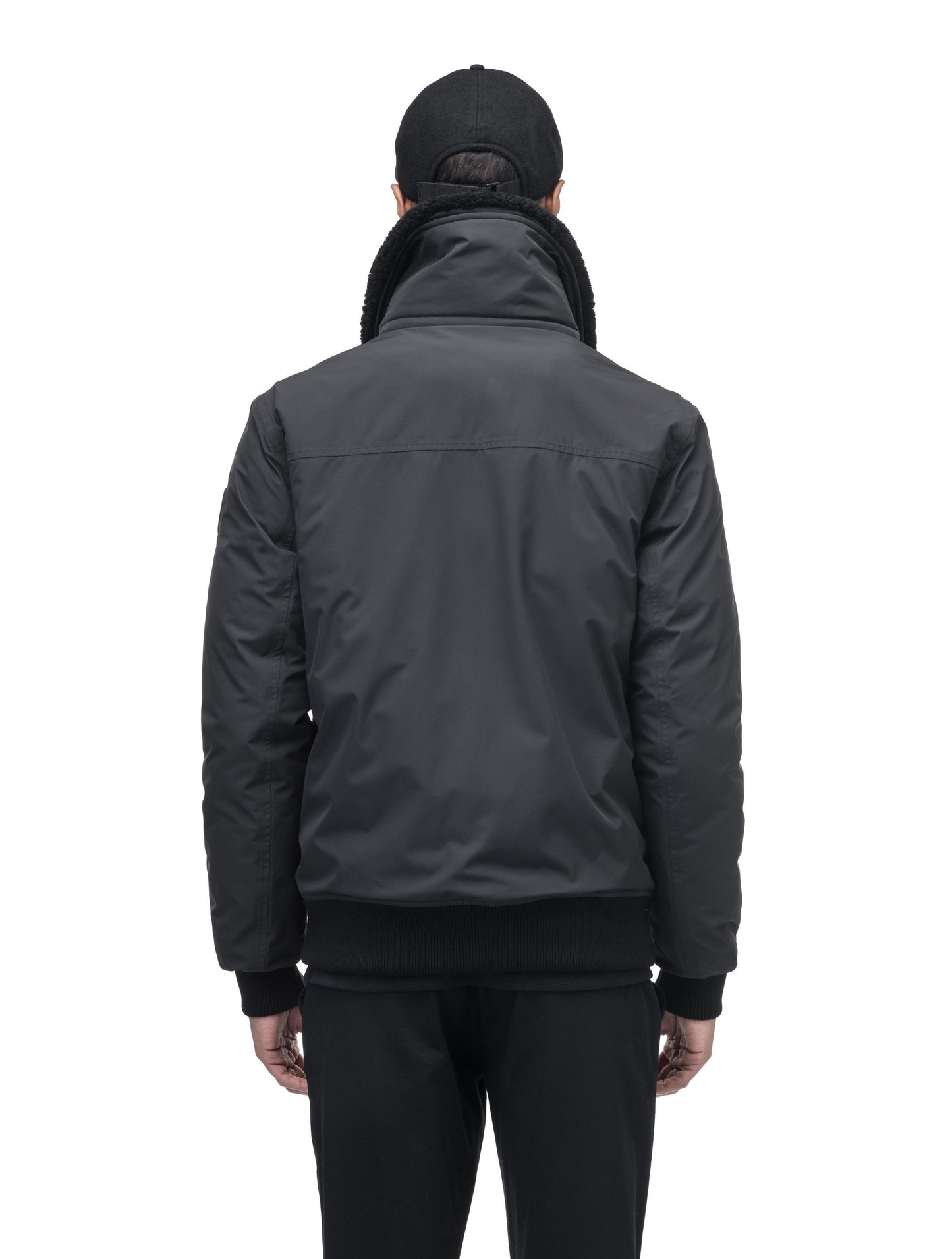 Sonar Men's Aviator Jacket in hip length, Canadian duck down insulation, removable shearling collar with hidden tuckable hood, and two-way front zipper, in Black