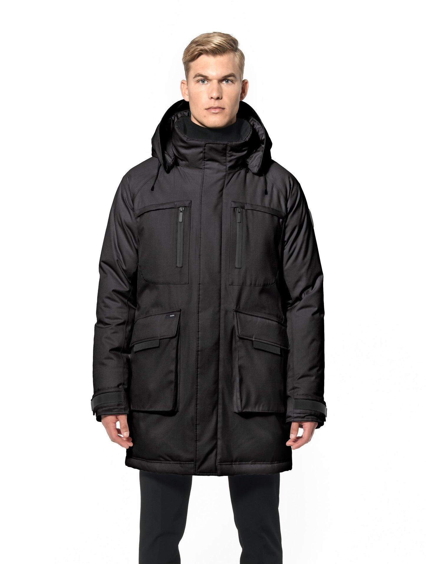 Men's thigh length down-filled parka with removable hood and removable coyote fur trim in Black