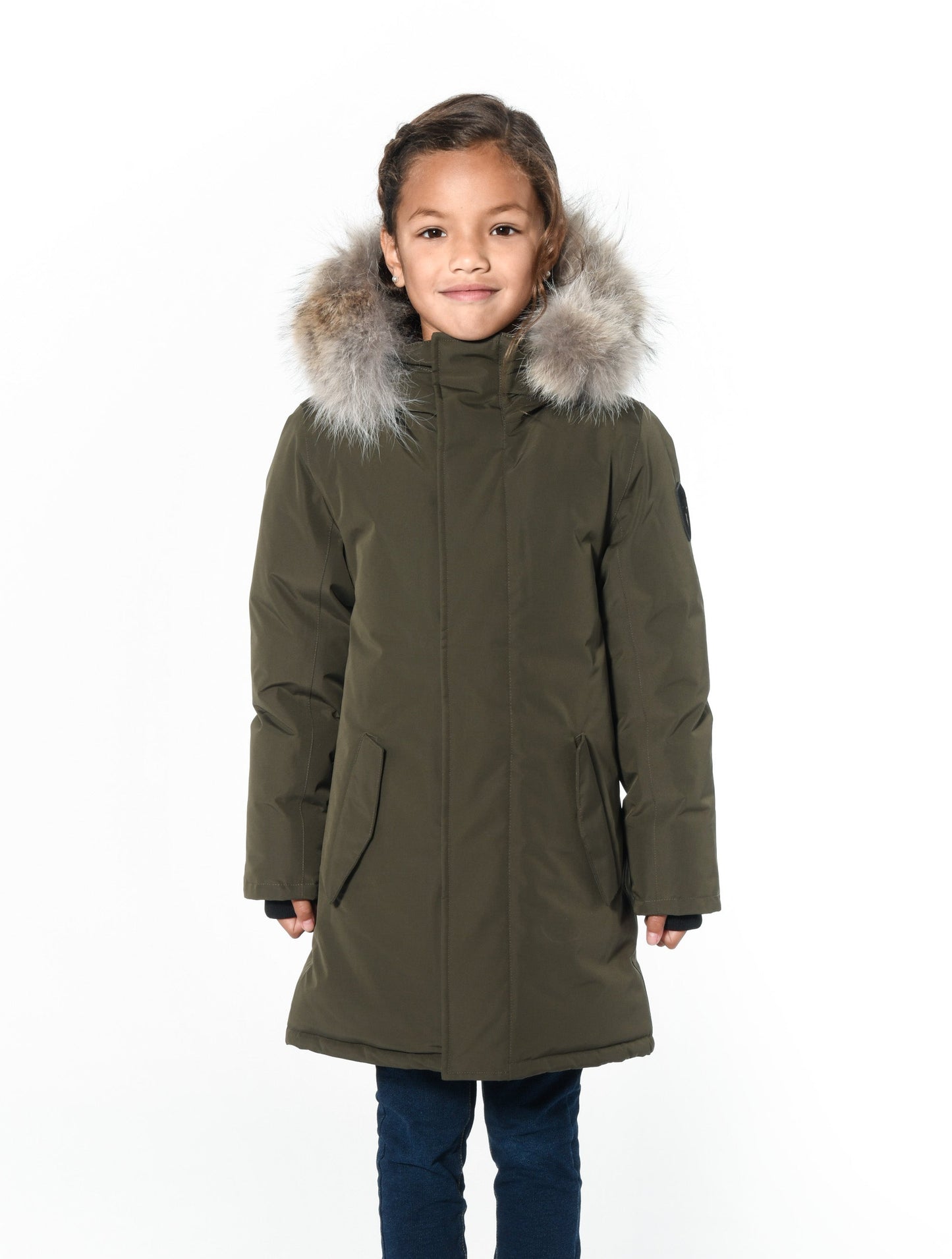 Kids' thigh length down-filled parka with non-removable hood and removable coyote fur trim in Fatigue