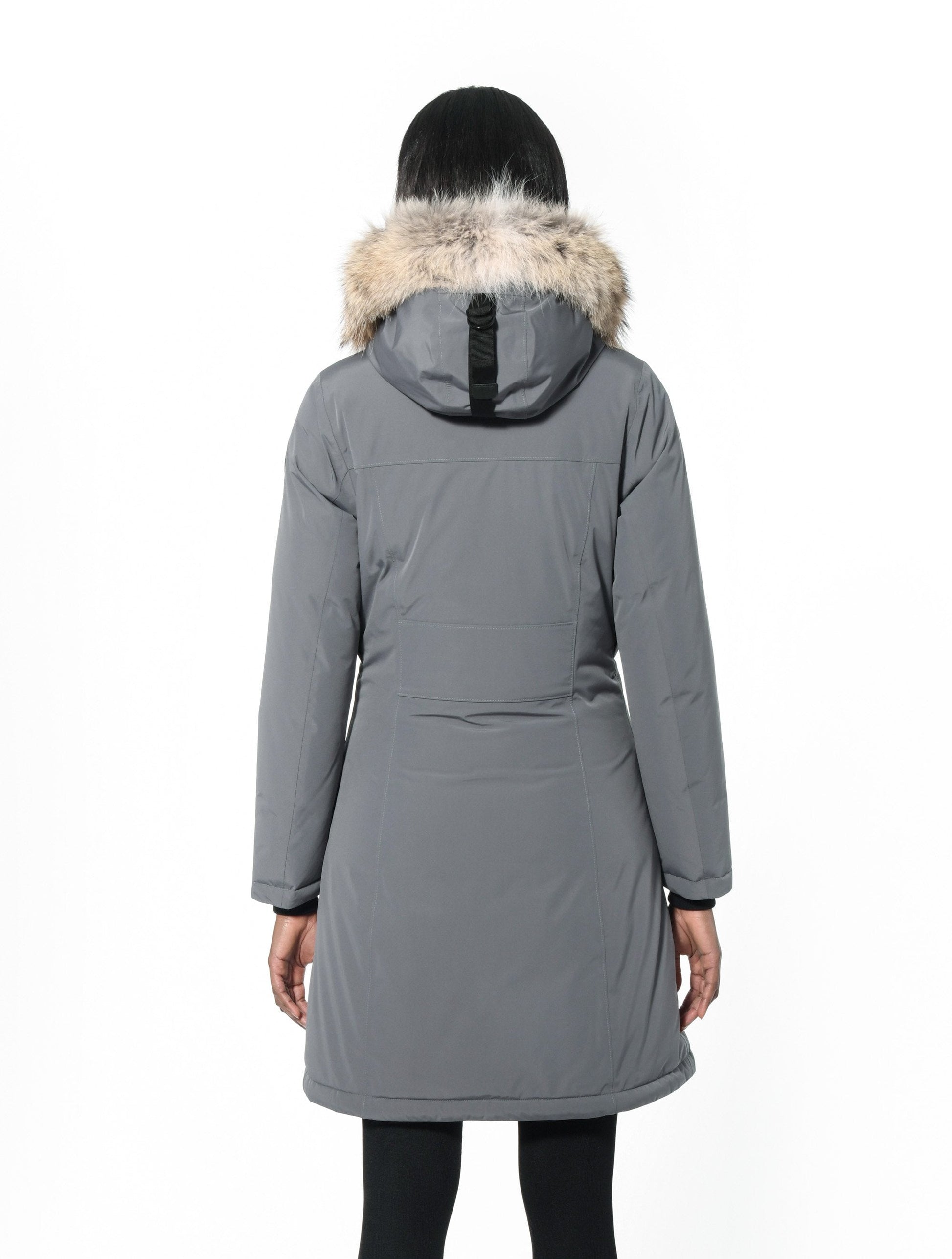 Ladies thigh length down-filled parka with non-removable hood and removable coyote fur trim in Concrete