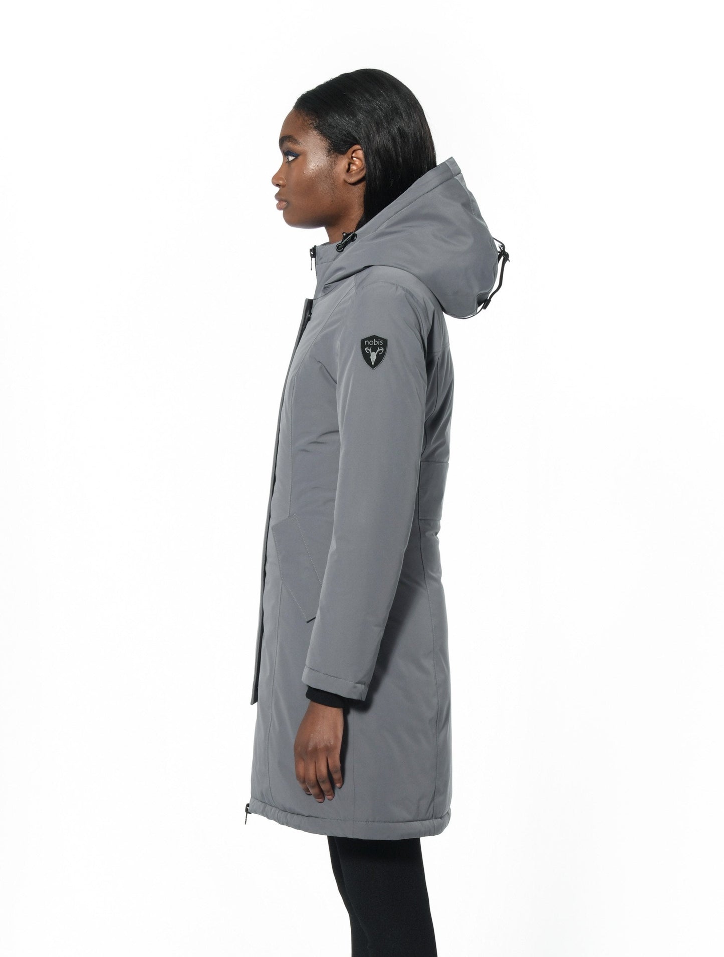 Ladies thigh length down-filled parka with non-removable hood in Concrete