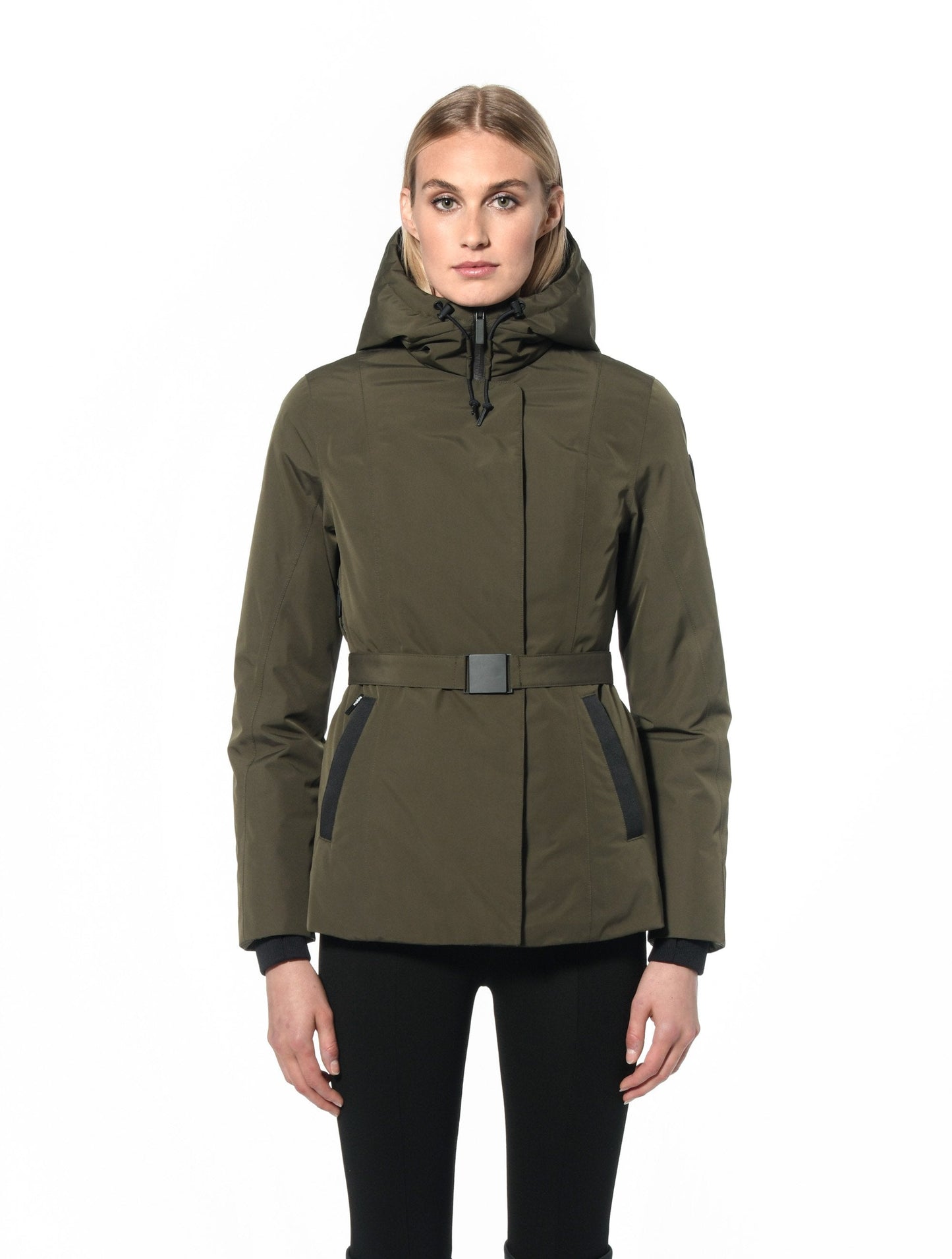 Ladies hip length down-filled parka with non-removable hood and adjustable belt in Fatigue