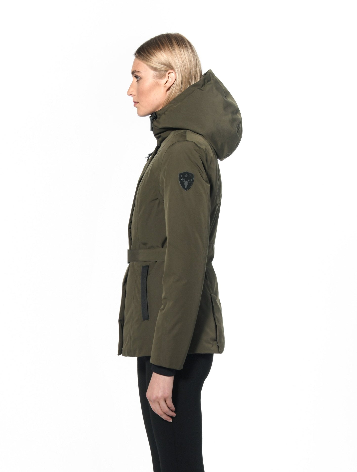 Ladies hip length down-filled parka with non-removable hood and adjustable belt in Fatigue