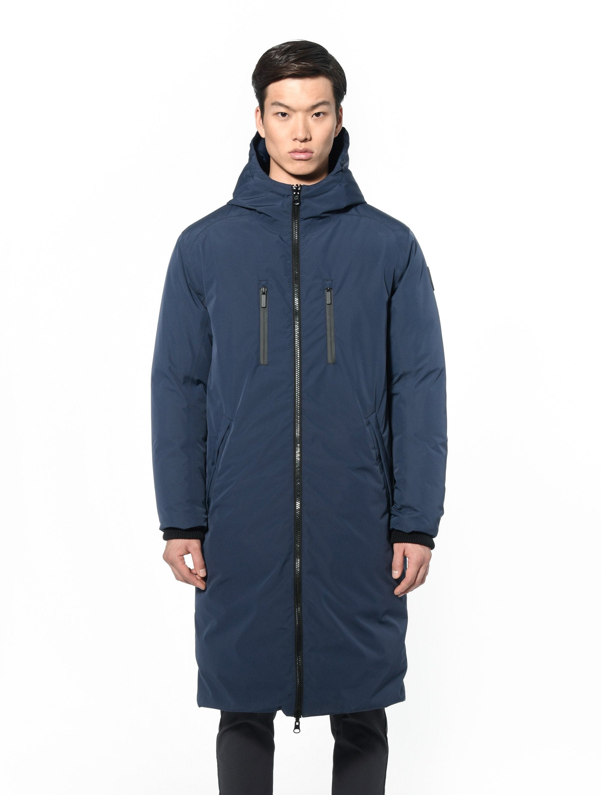 Men's knee length reversible down-filled parka with non-removable hood in Marine