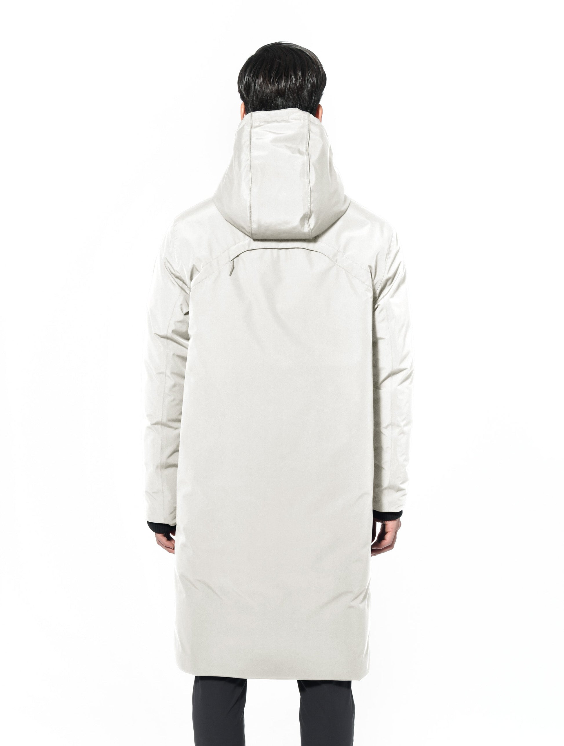 Men's knee length reversible down-filled parka with non-removable hood in Chalk