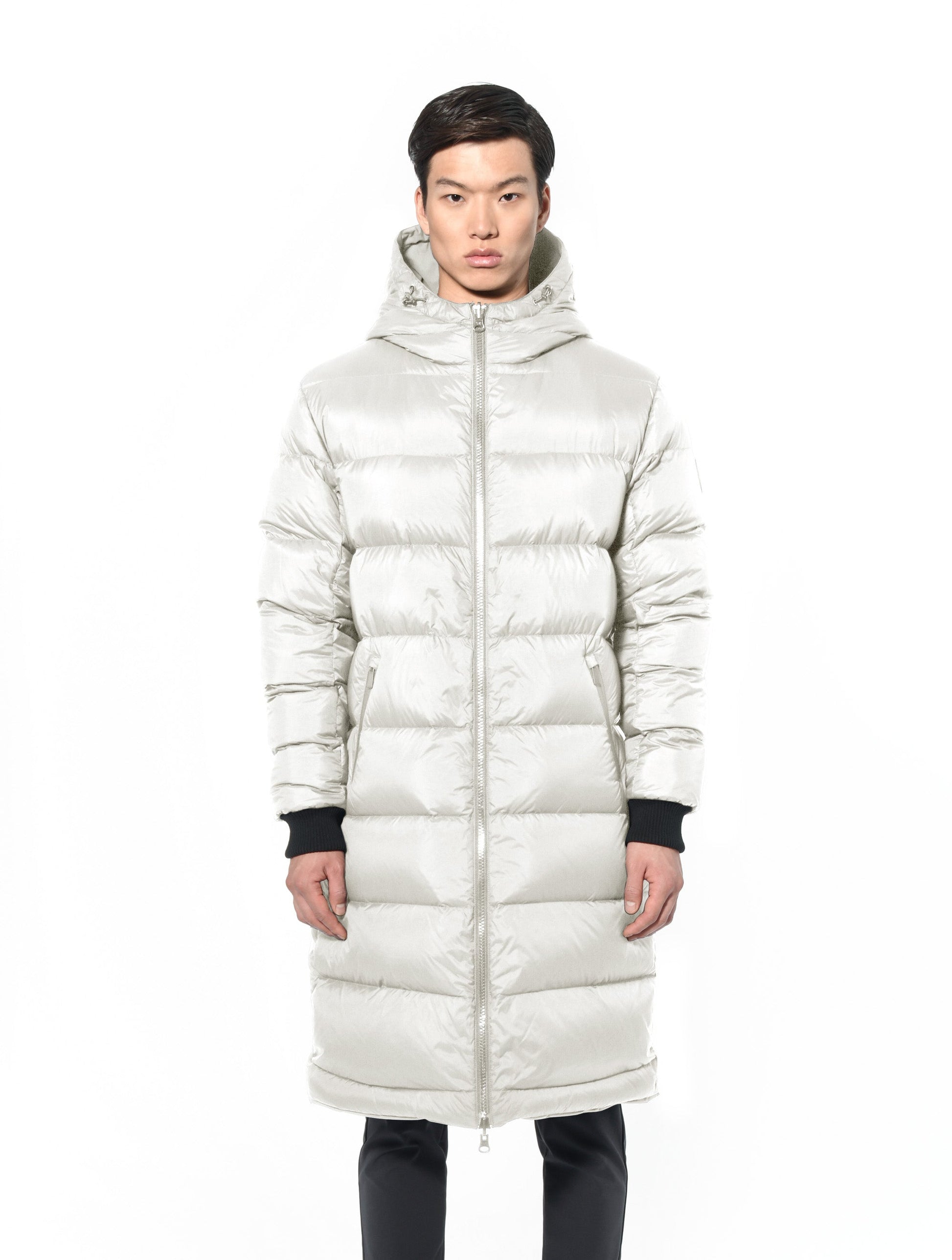 Men's knee length reversible down-filled parka with non-removable hood in Chalk