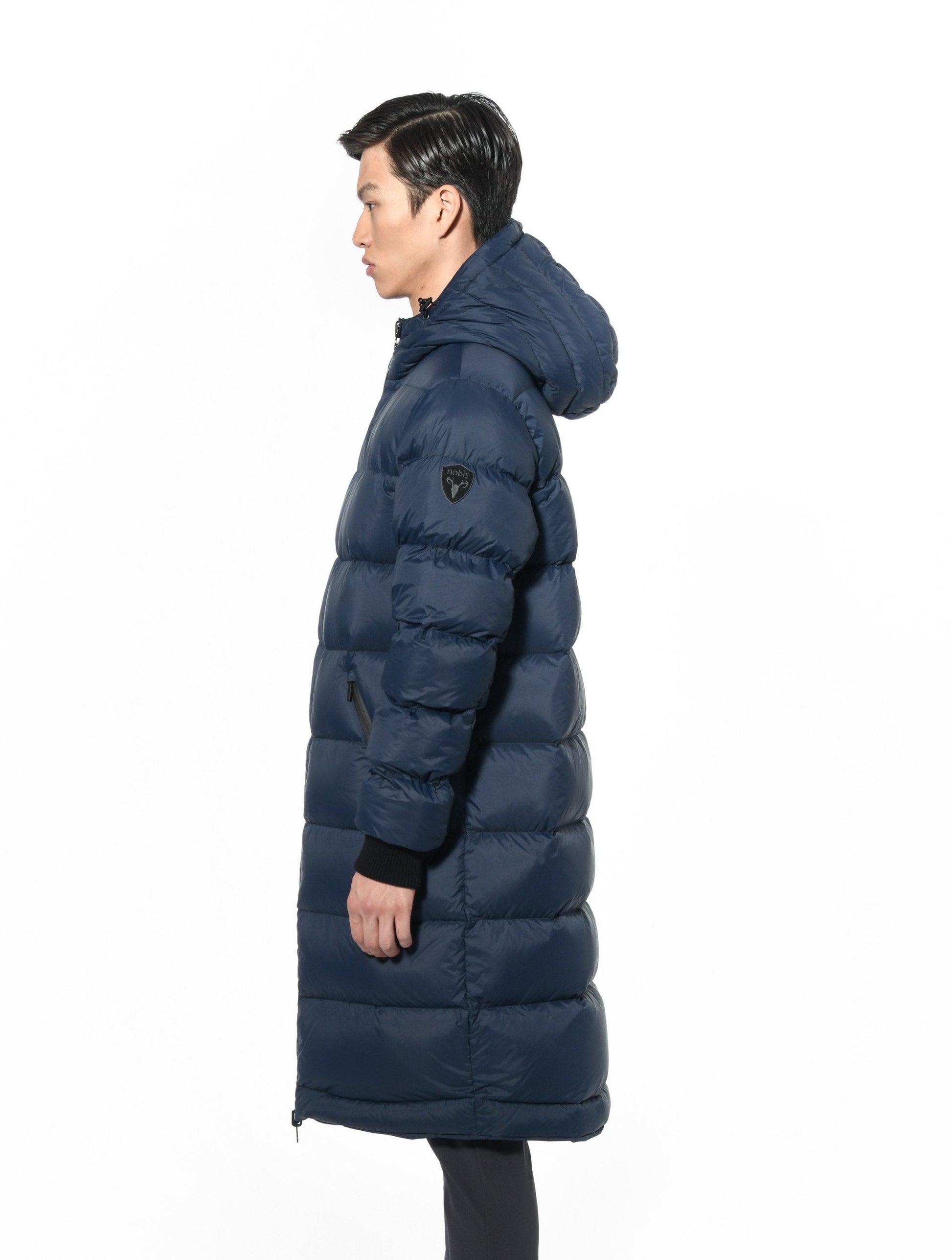 Men's knee length reversible down-filled parka with non-removable hood in Marine