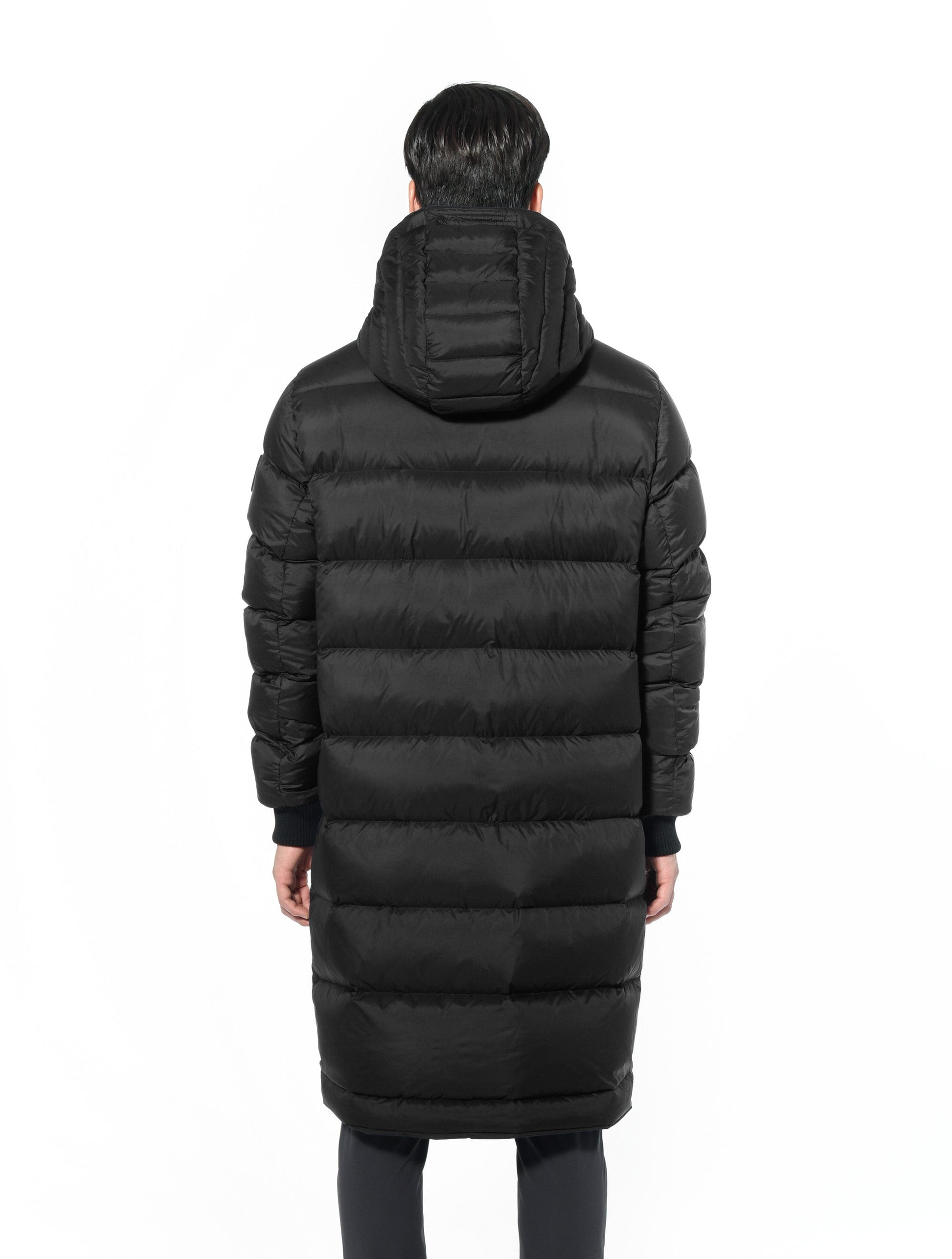 Men's knee length reversible down-filled parka with non-removable hood in Black