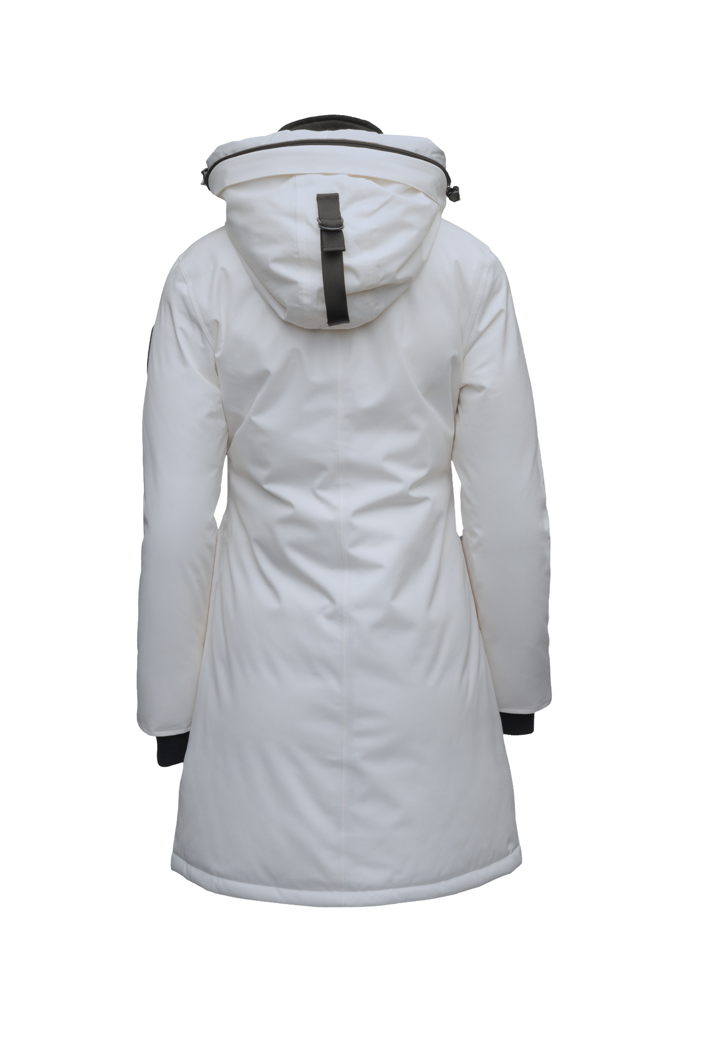 Merideth Furless Ladies Parka in thigh length, Canadian white duck down insulation, removable down-filled hood, centre-front two-way zipper with magnetic wind flap closure, four exterior pockets, and elastic ribbed cuffs, in Light Grey