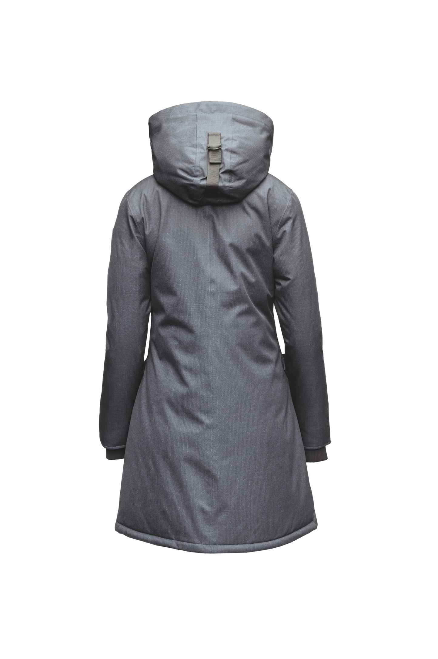 Merideth Furless Ladies Parka in thigh length, Canadian white duck down insulation, removable down-filled hood, centre-front two-way zipper with magnetic wind flap closure, four exterior pockets, and elastic ribbed cuffs, in Steel Grey