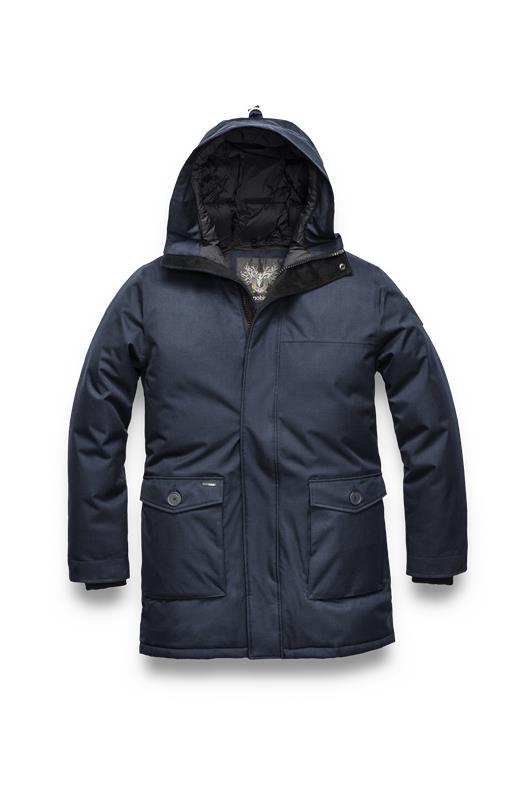 Yves Furless Men's Parka in thigh length, Canadian white duck down insulation, non-removable down-filled hood, flap pockets at waist, centre-front two-way zipper with magnetic wind flap, and elastic ribbed cuffs, in CH Navy