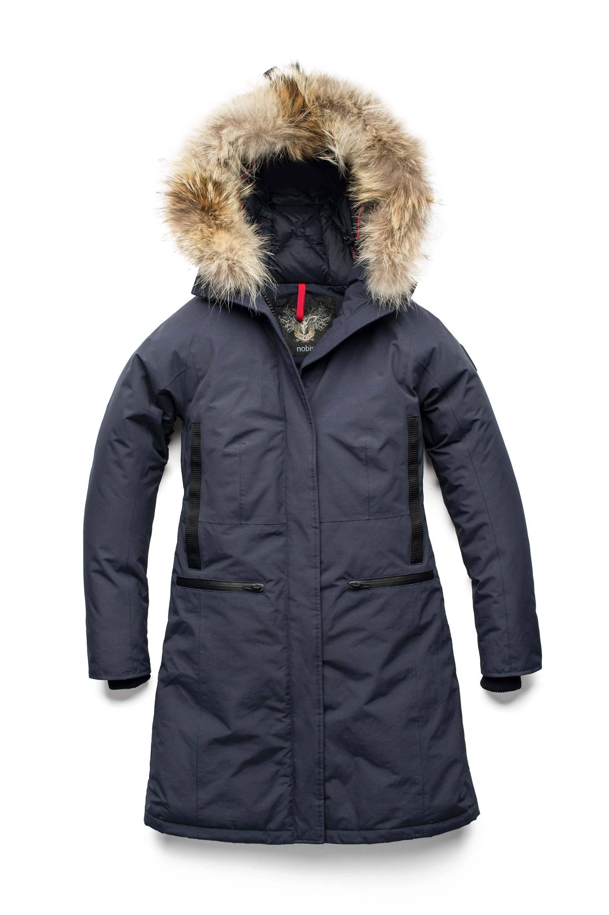 Knee length women's down filled parka with contrast ribbon accents and removable fur trim on the hood in Navy