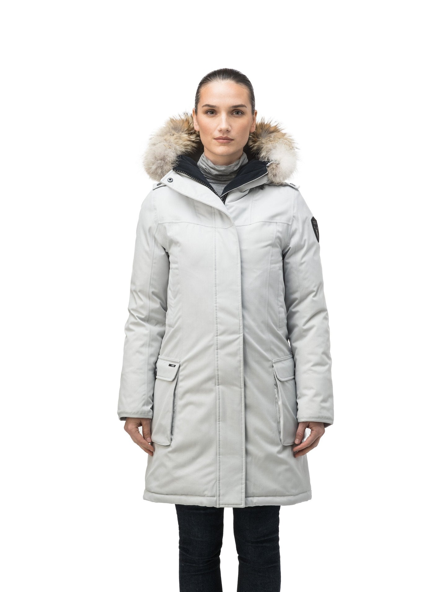 Women's knee length down filled parka with fur trim hood in CH Light Grey