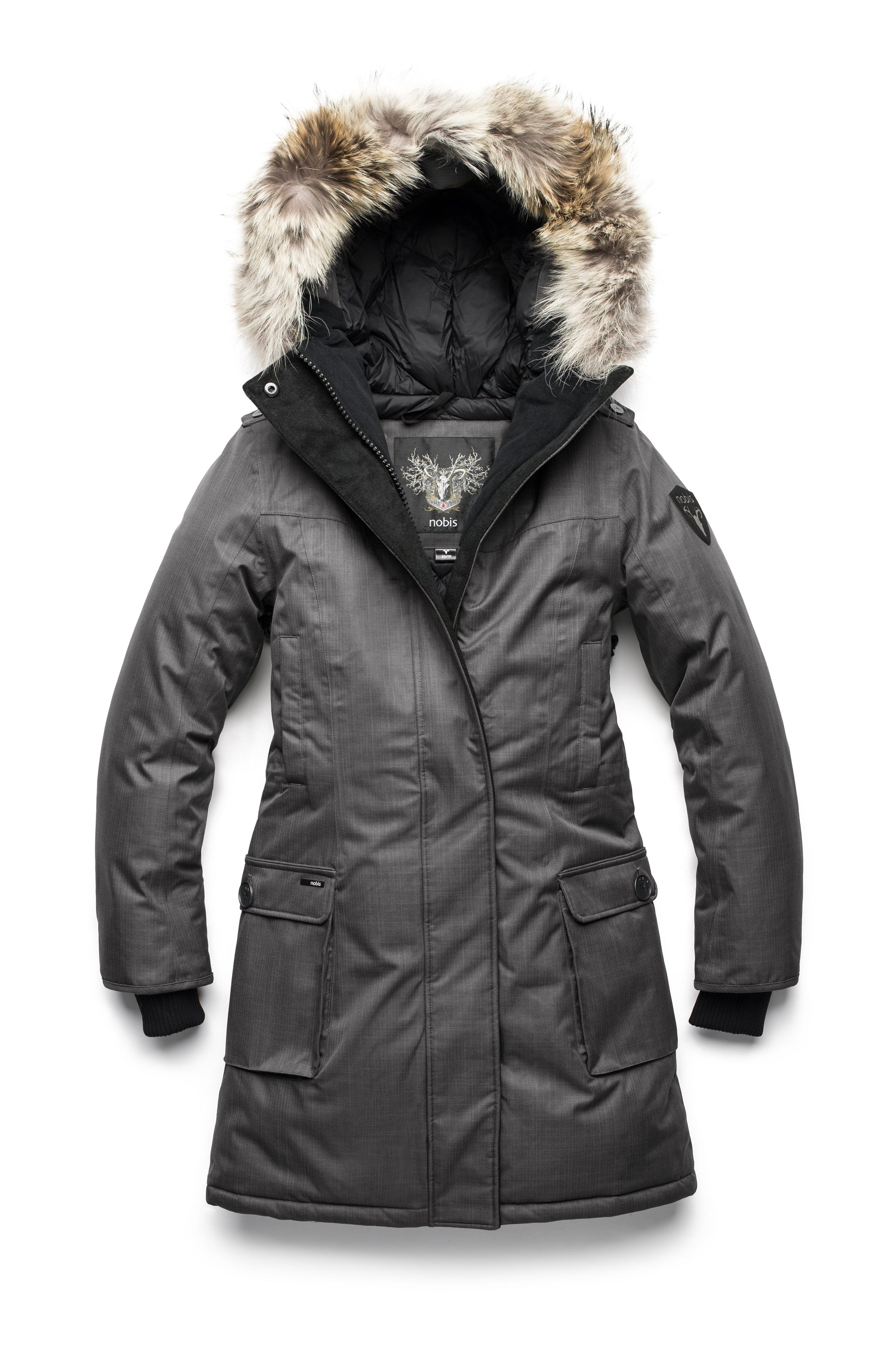 Women's knee length down filled parka with fur trim hood in CH Steel Grey