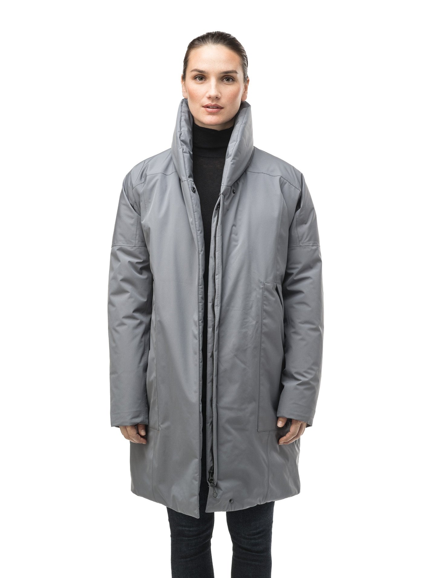 Women's down filled parka with cocoon silhouette and a beautiful shawl collar in Concrete