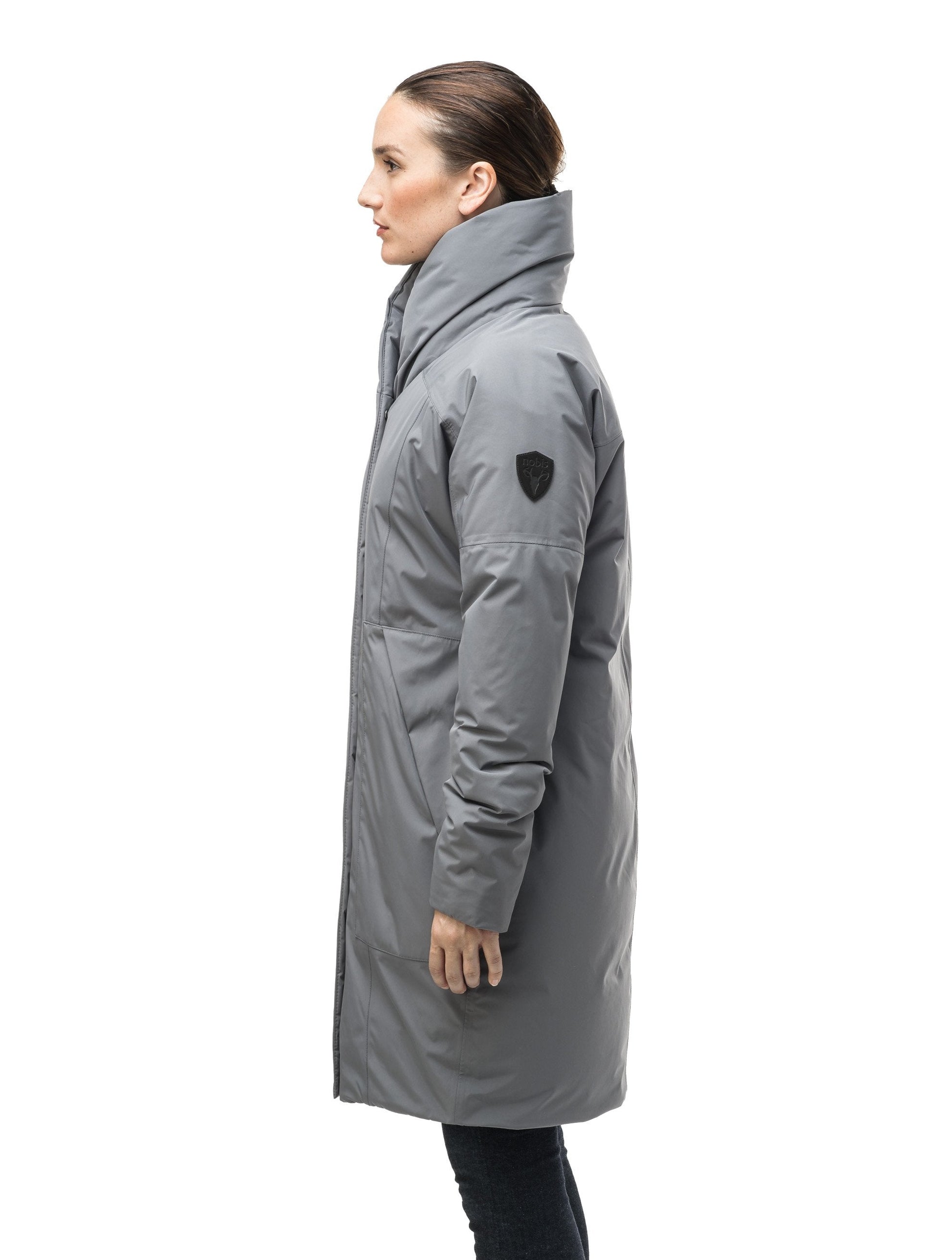 Women's down filled parka with cocoon silhouette and a beautiful shawl collar in Concrete