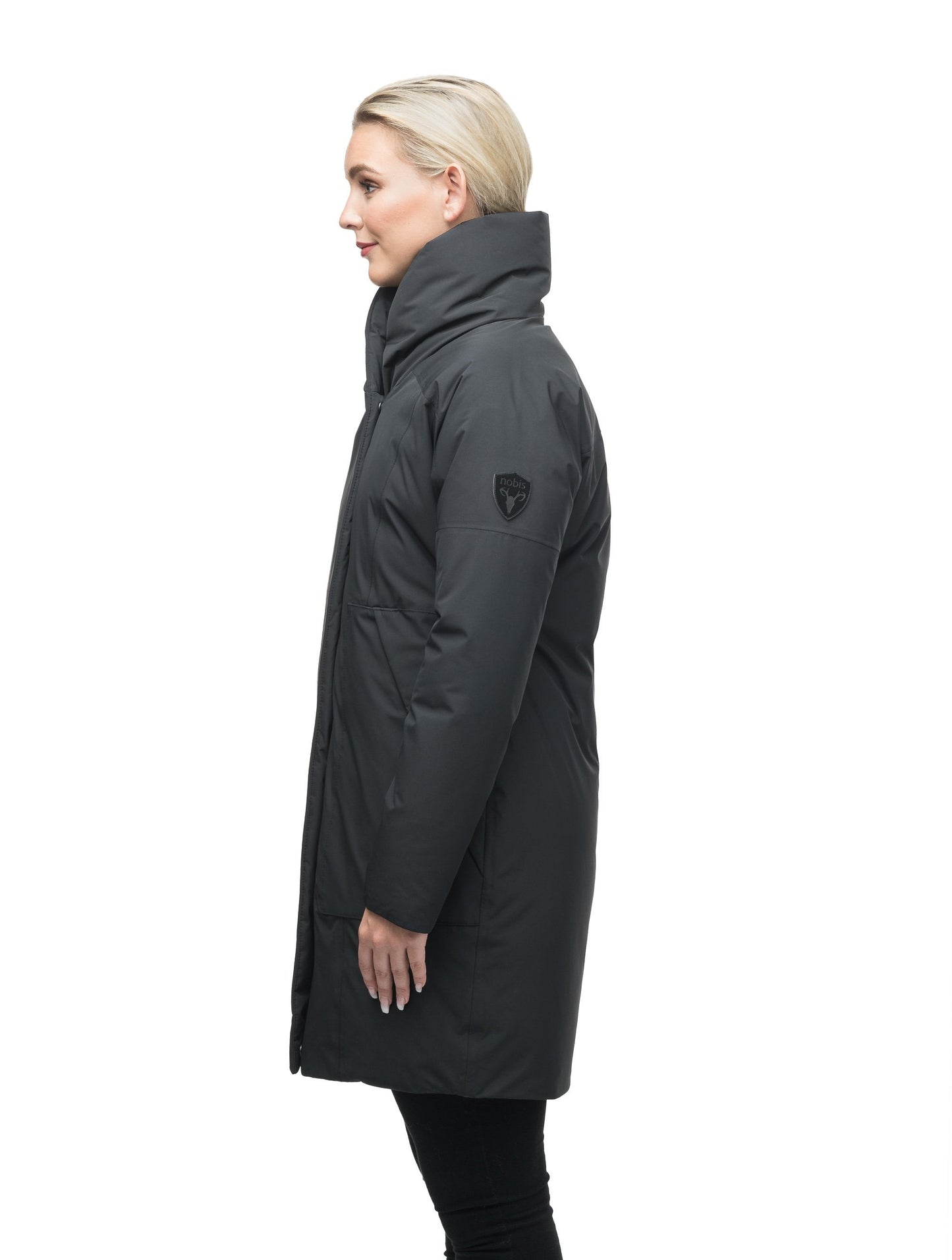 Women's down filled parka with cocoon silhouette and a beautiful shawl collar in Black