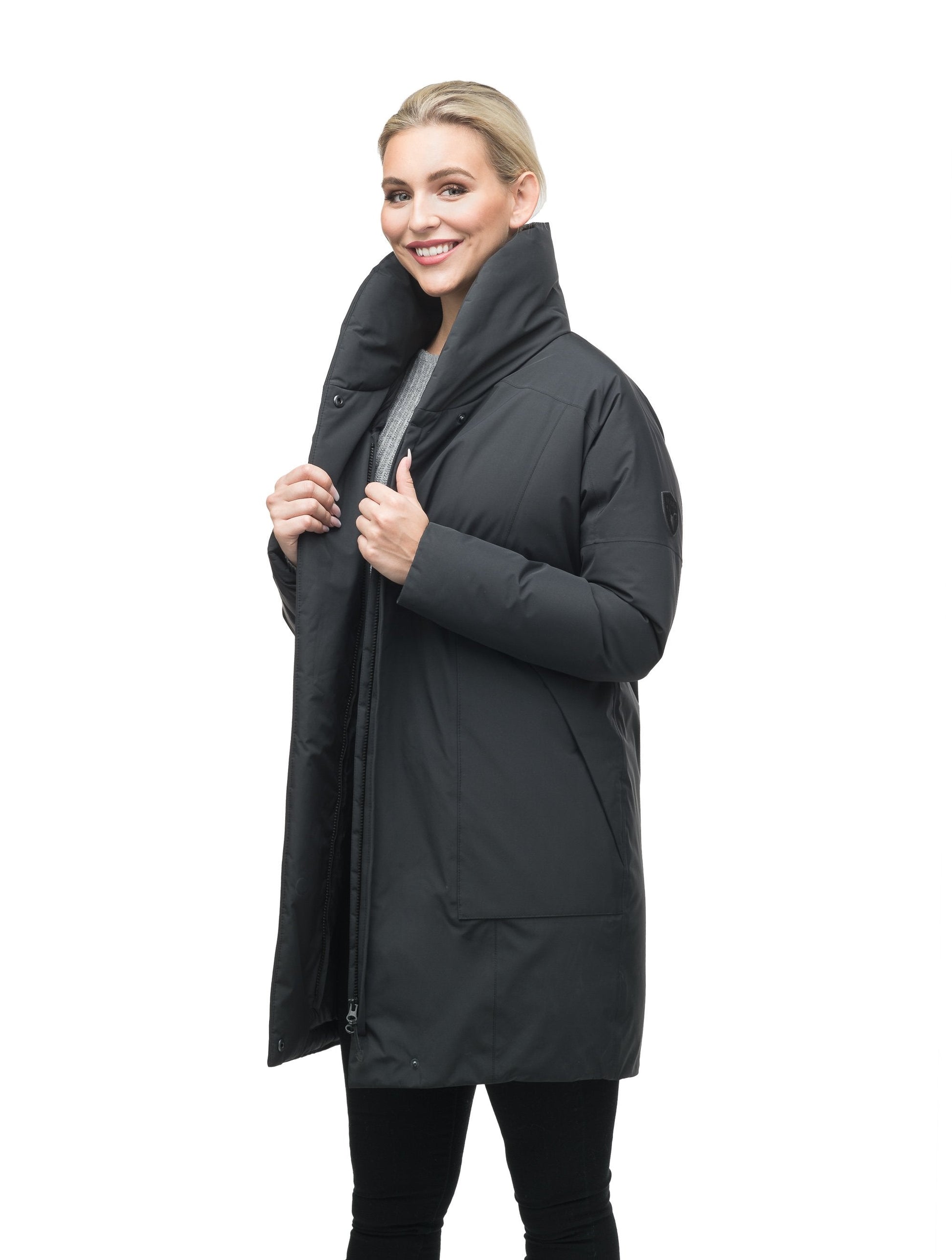 Women's down filled parka with cocoon silhouette and a beautiful shawl collar in Black