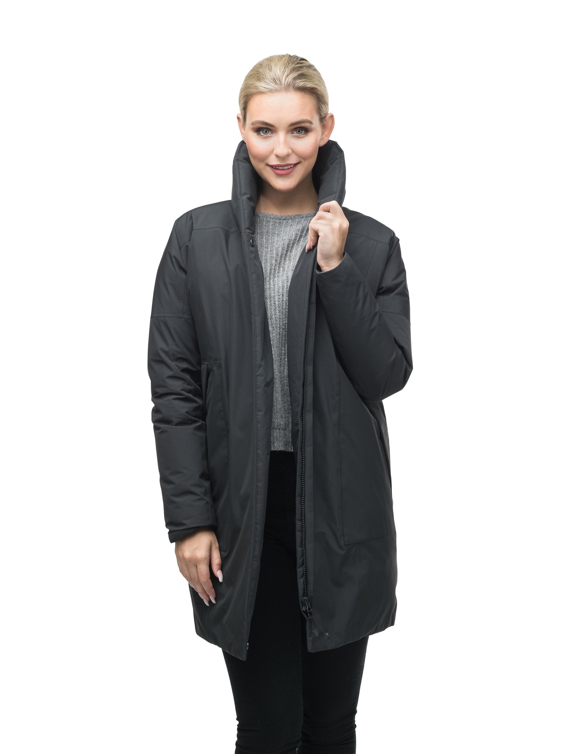 Women's down filled parka with cocoon silhouette and a beautiful shawl collar in Black